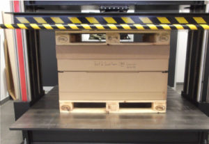 Heavy-duty corrugated packaging compression test “Test 2” Compression strength test "Test 2" of heavy-duty corrugated packaging and pallet collars on EPAL pallets.