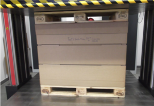 Heavy-duty corrugated packaging compression test Compression strength test "Test 3" of heavy-duty corrugated packaging and pallet collars on EPAL pallets